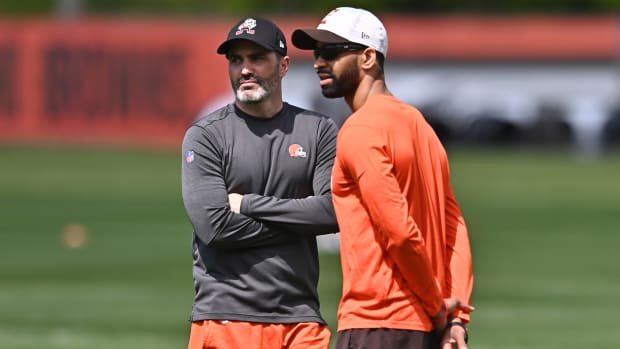 May 14, 2021; Berea, Ohio, USA; Cleveland Browns head coach Kevin Stefanski (left) watches camp with general manager Andrew Berry during rookie minicamp at the Cleveland Browns Training Facility.